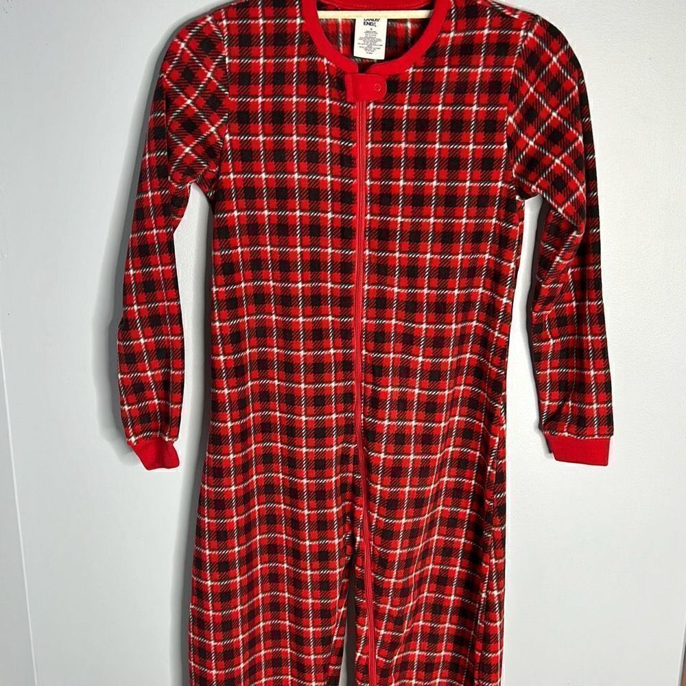 Lands End Kids Footed Pajamas Sz 12 Rich Red Field Check